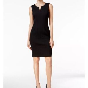 Calvin Klein Split Neck Black Sheath Dress Women’s Size 2 LBD Classic Stretch